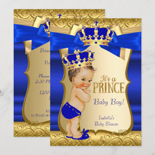 Convites Chuva de Bebê de Príncipe Real Azul Dourado Damasc