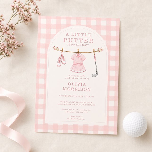 Convites Chuva de Bebê de Putter Pequeno de Golfe Rosa Xadr (Criador carregado)