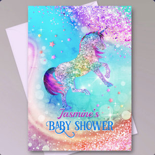 Convites Chuva de bebê de unicórnio rosa aqua glitter