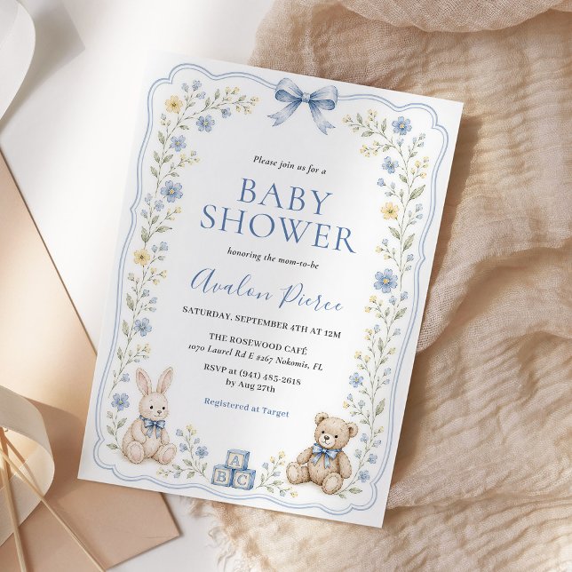 Convites Chuva de Bebê de Urso de Pelúcia Floral Azul Bunny (Criador carregado)