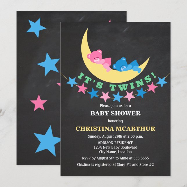 Convites Chuva de Bebê de Urso de Pelúcia Gêmeos Menina e M (Frente/Verso)