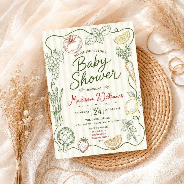 Convites Chuva de bebê de vegetais frutas desenhados à mão (Criador carregado)