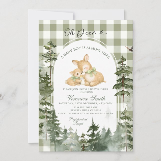 Convites Chuva de Bebê Deer Woodland Gingham (Frente)