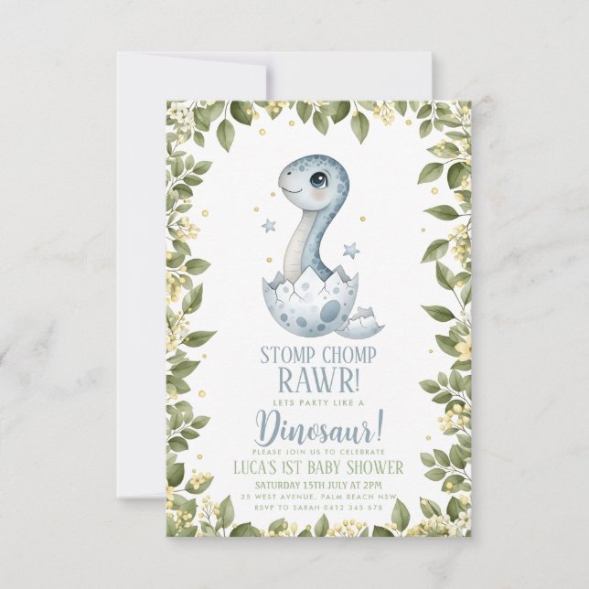 Convites Chuva de Bebê Dinossauro Flor Silvestre em Aquarel (Frente)