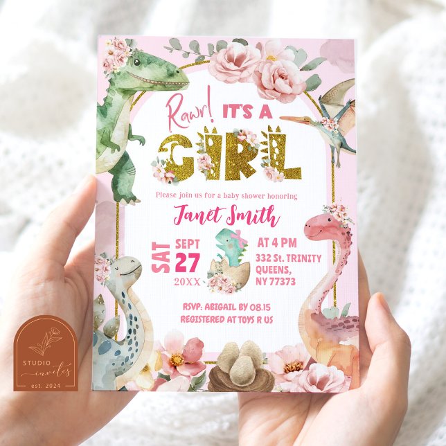 Convites Chuva de Bebê Dinossauro Menina Rosa Jurássico (Criador carregado)