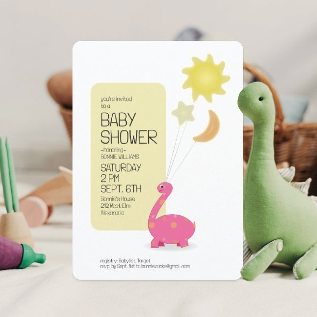 Convites Chuva de Bebê Dinossauro Rosa com Balões de Mylar (Criador carregado)