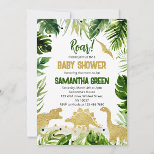 Convites Chuva de Bebê Dinossauro Verde Dourado