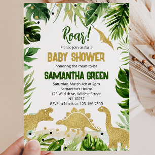 Convites Chuva de Bebê Dinossauro Verde Dourado