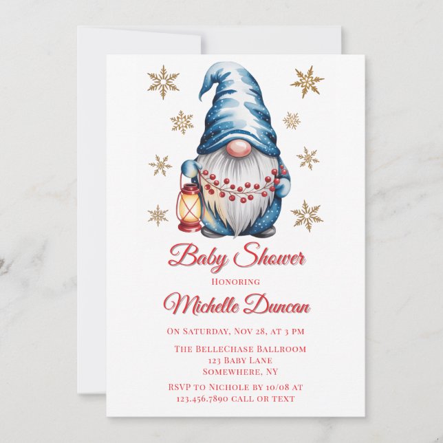 Convites Chuva de Bebê do Gnome de Natal Azul (Frente)