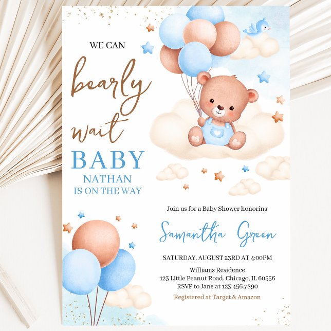 Convites Chuva de Bebê do Menino Azul Boho Urso (Criador carregado)