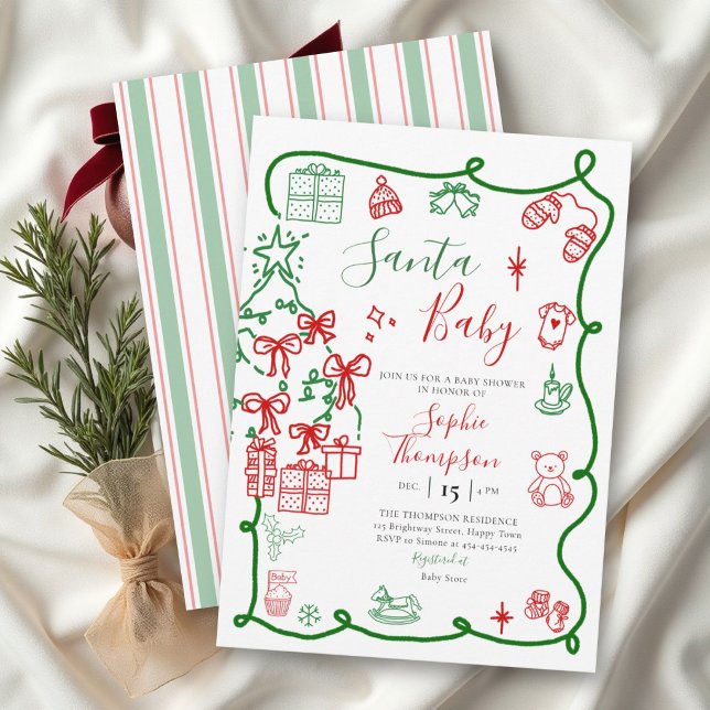 Convites Chuva de Bebê do Natal Moderno Doodle Chuveiro de  (Santa Baby Modern Christmas Doodle Baby Shower Invitation)