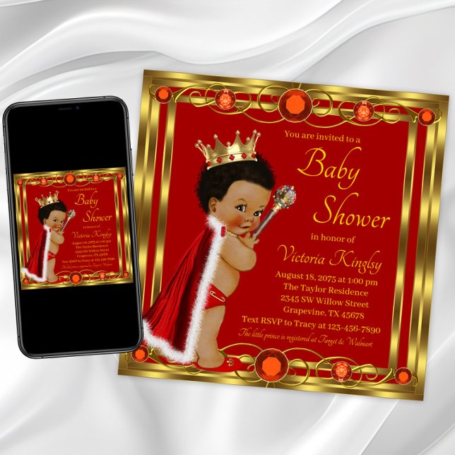Convites Chuva de Bebê do Príncipe Afro Dourado Vermelho (Red gold prince baby shower invitation. Instant download and printed invitations available. )