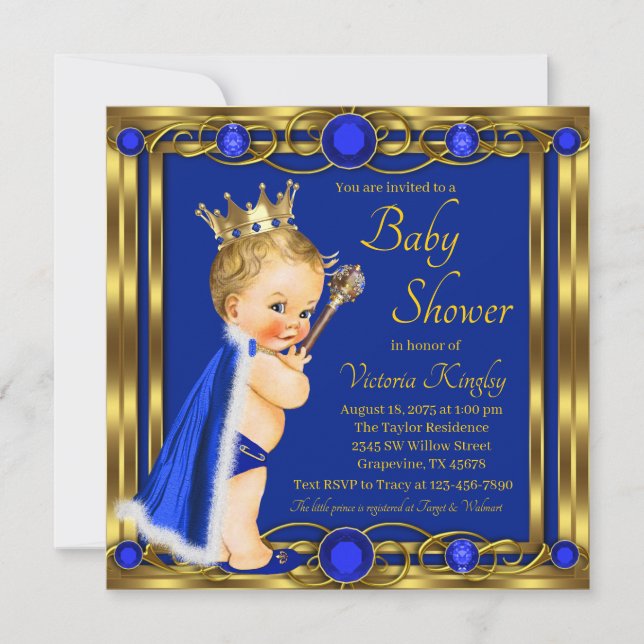 Convites Chuva de Bebê do Príncipe Azul Dourado (Frente)
