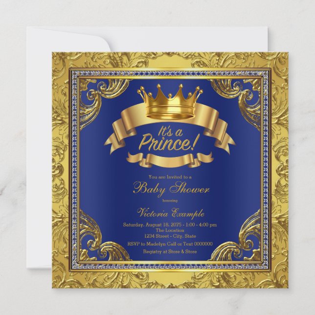 Convites Chuva de Bebê do Príncipe Azul Real Dourado Fancy (Frente)