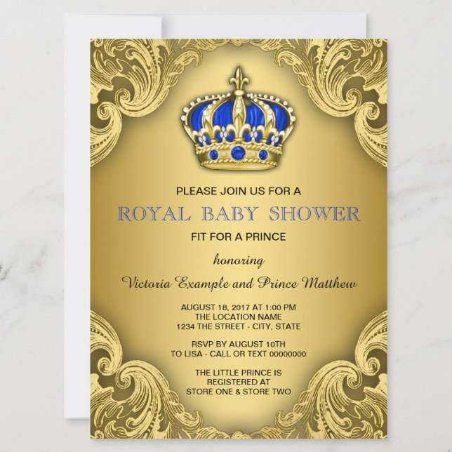 Convites Chuva de Bebê do Príncipe Elegante Azul e Dourado (Verso)