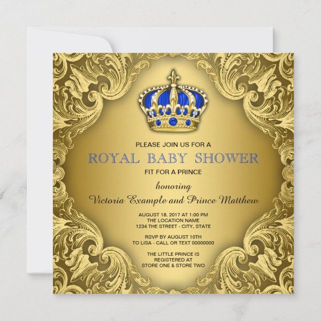 Convites Chuva de Bebê do Príncipe Elegante Azul e Dourado (Verso)