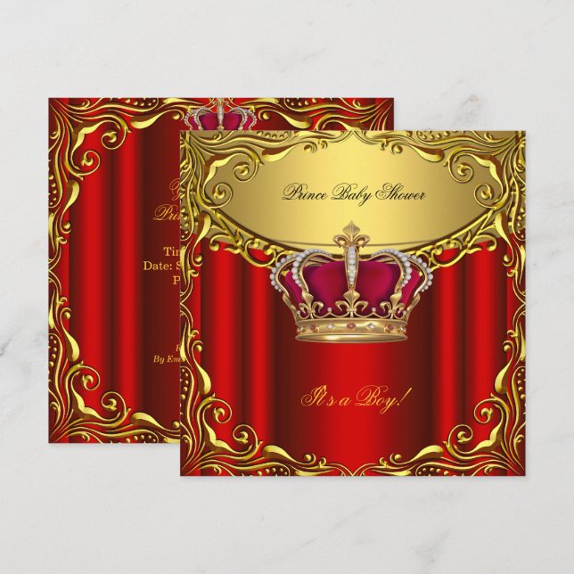 Convites Chuva de Bebê do Príncipe Elegante Vermelho Dourad (Frente/Verso)