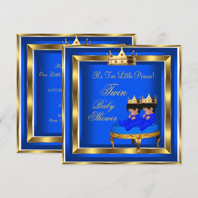 Convites Chuva de Bebê do Príncipe Gêmeo Azul Real Dourado  (Frente/Verso)