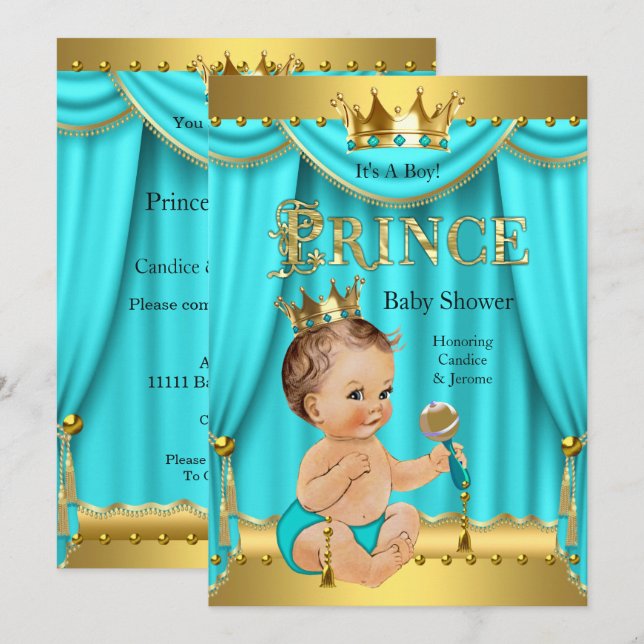 Convites Chuva de Bebê do Príncipe Herdeiro Dourado Água Te (Frente/Verso)