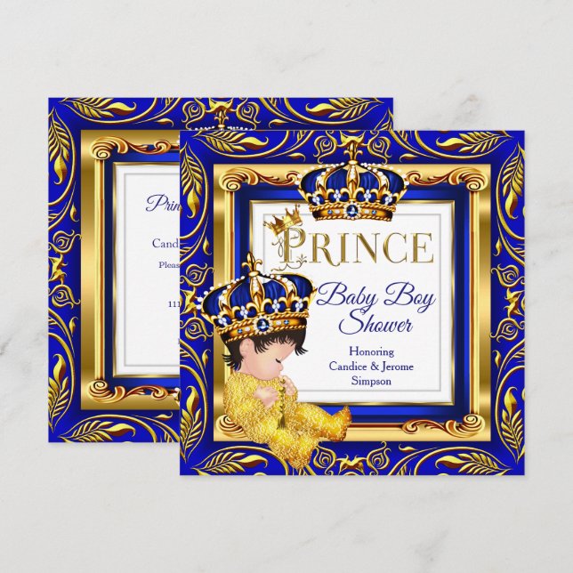 Convites Chuva de Bebê do Príncipe Real Azul Dourado Morena (Frente/Verso)