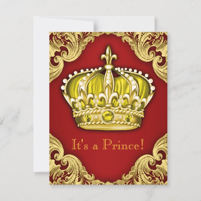 Convites Chuva de Bebê do Príncipe Real Vermelho e Dourado (Frente)
