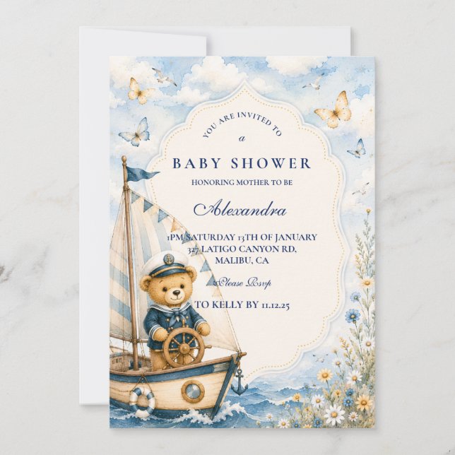 Convites Chuva de Bebê do Urso Marinheiro Caprichoso (Frente)