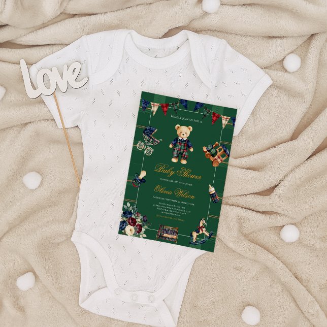 Convites Chuva de Bebê do Urso Teddy em Xadrez Rustico Clás (Neutral Plaid Teddy Bear Baby Shower Invitation Classic Bearly Wait Stripes Rustic Design)