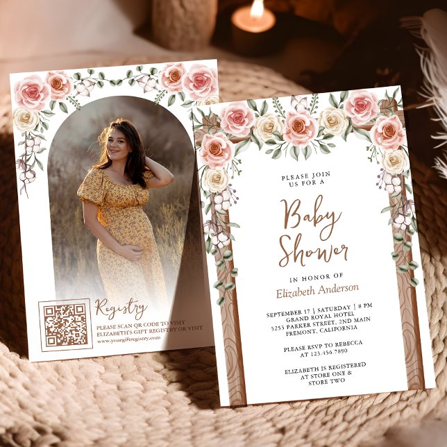 Convites Chuva de Bebê Dossier de Madeira Rústica Floral Bo (Criador carregado)