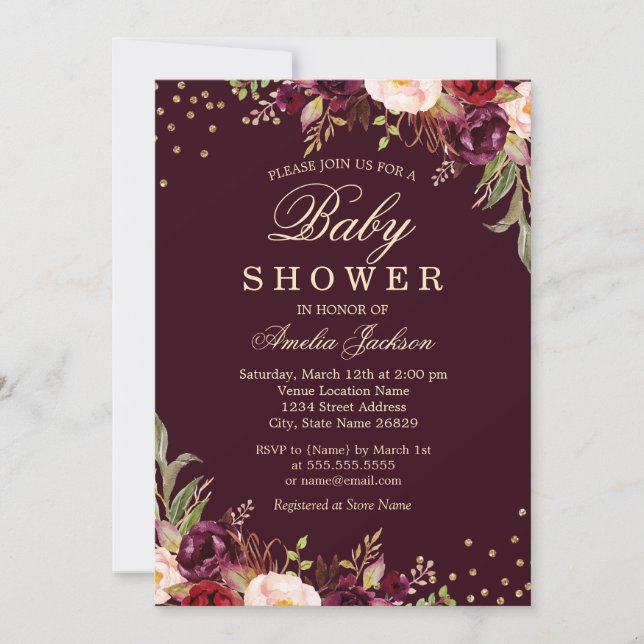 Convites Chuva de Bebê Dourado Burgundy floral Brilho (Frente)