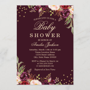 Convites Chuva de Bebê Dourado Burgundy floral Brilho