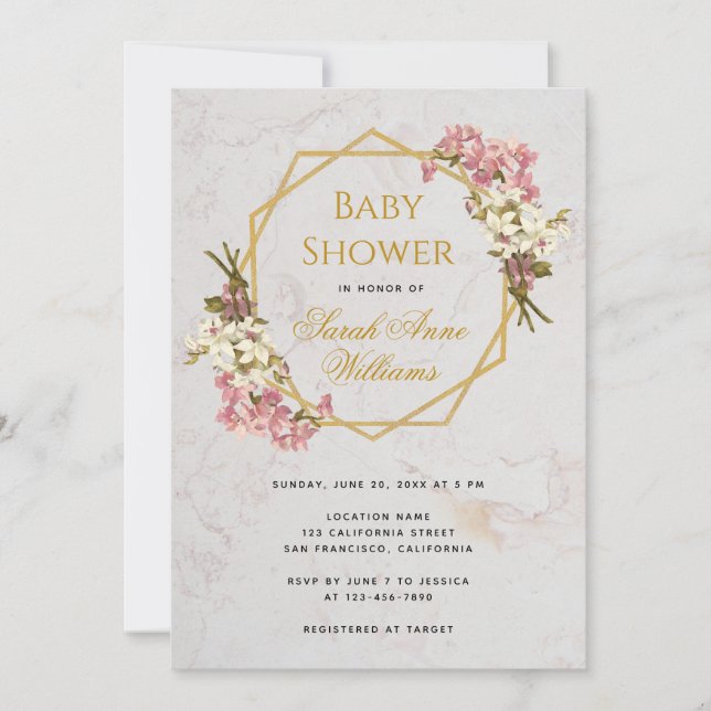 Convites Chuva de Bebê Dourado Orquídeas Rosa Floral Geomét (Frente)