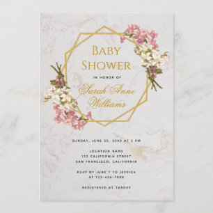 Convites Chuva de Bebê Dourado Orquídeas Rosa Floral Geomét