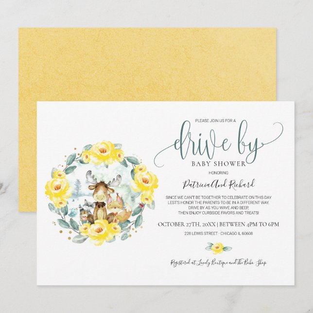 Convites Chuva de Bebê Drive By com Flora Florestal (Frente/Verso)