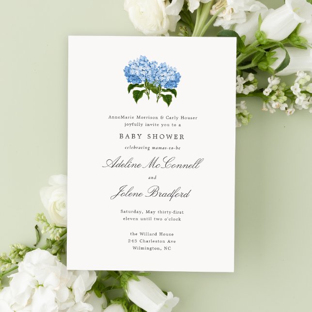 Convites Chuva de Bebê Dupla Blue Hydrangea Grandmillennial (Double baby shower with blue hydrangea flowers and traditional fonts for grand millennial style)