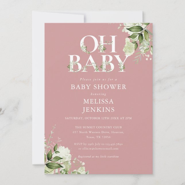 Convites Chuva de Bebê Dusty Rose Oh Baby Botânica (Frente)