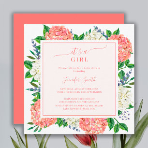 Convites Chuva de Bebê É uma Menina Hortênsia Rosa Elegante