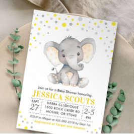 Convites Chuva de Bebê Elefante Amarelo Cinza com Bolinhas