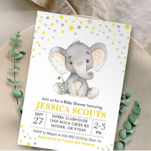 Convites Chuva de Bebê Elefante Amarelo Cinza com Bolinhas 