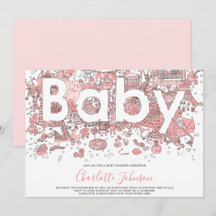 Convites Chuva de Bebê Elefante Aquarela Rosa