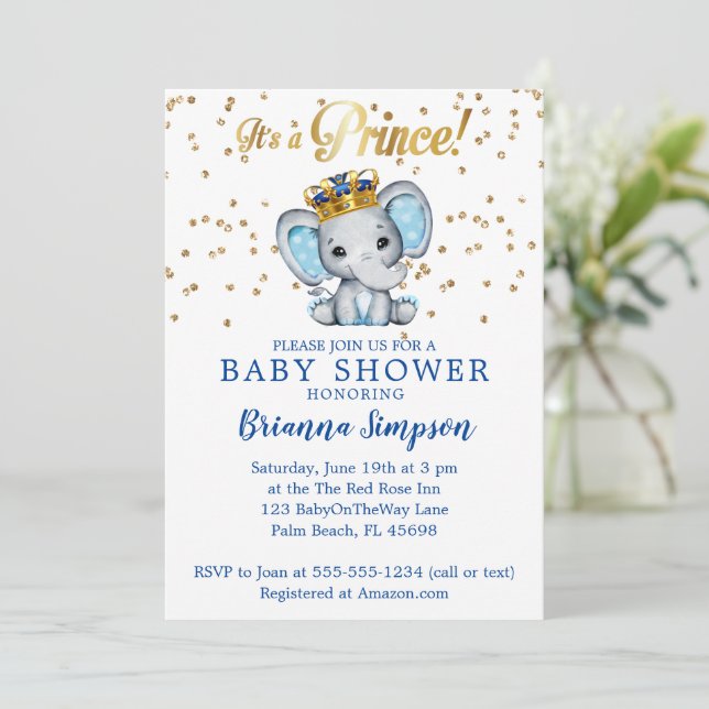 Convites Chuva de Bebê Elefante Azul Dourado Príncipe Real (Em pé/Frente)