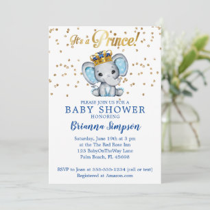 Convites Chuva de Bebê Elefante Azul Dourado Príncipe Real