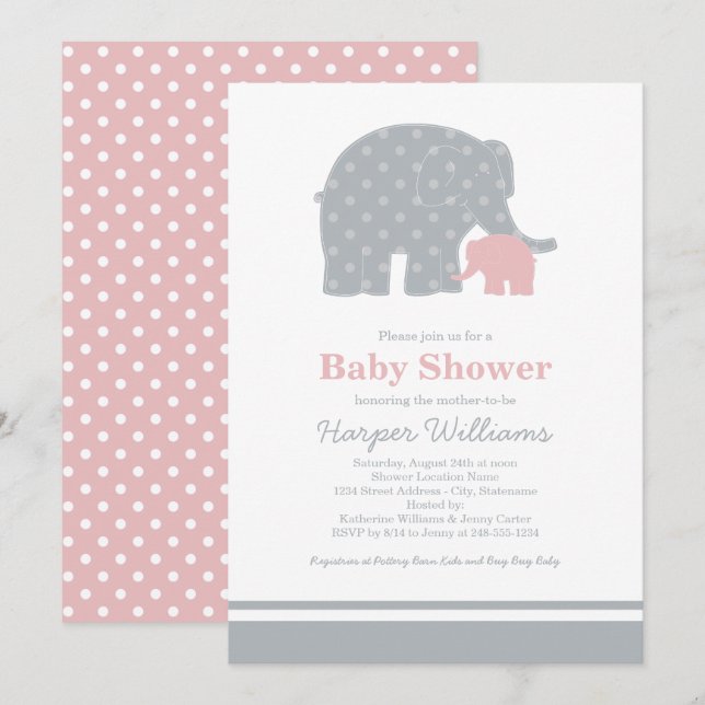 Convites Chuva de Bebê Elefante Bebê Rosa Cinza Menina Bebê (Frente/Verso)