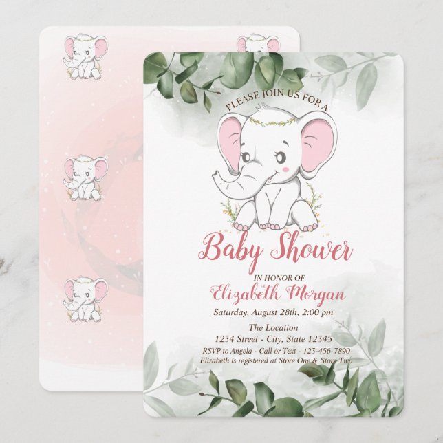 Convites Chuva de Bebê Elefante Bebê, Verde de Eucalipto (Frente/Verso)