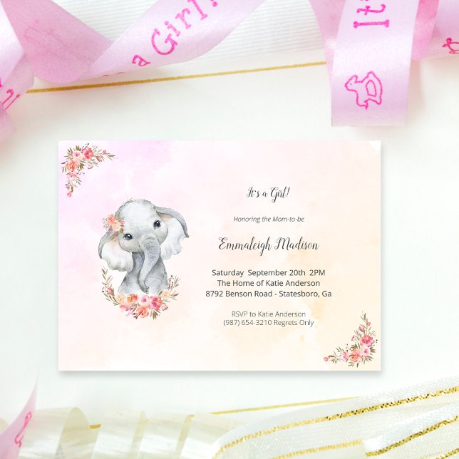 Convites Chuva de Bebê Elefante Boho Chic Coral Aquarela (Criador carregado)