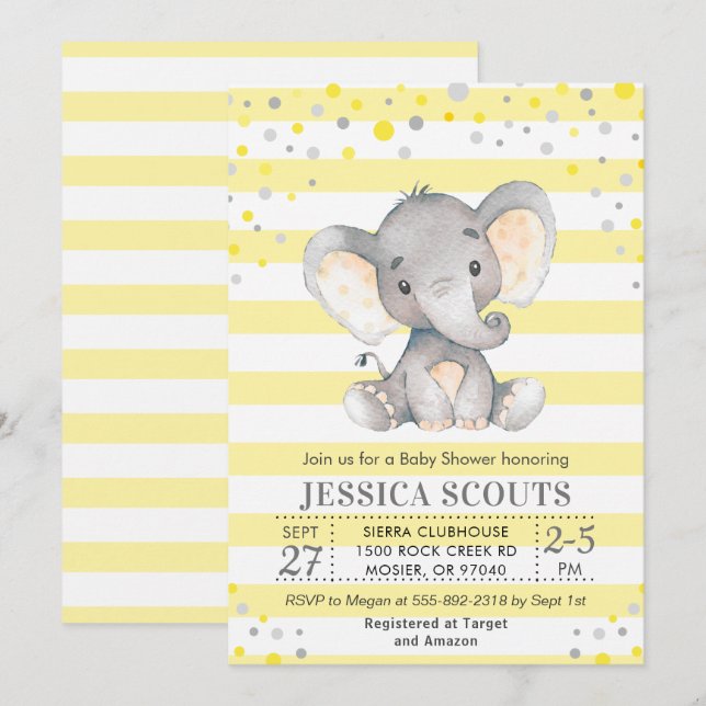 Convites Chuva de Bebê Elefante com Bolinhas Neutro Cinza A (Frente/Verso)