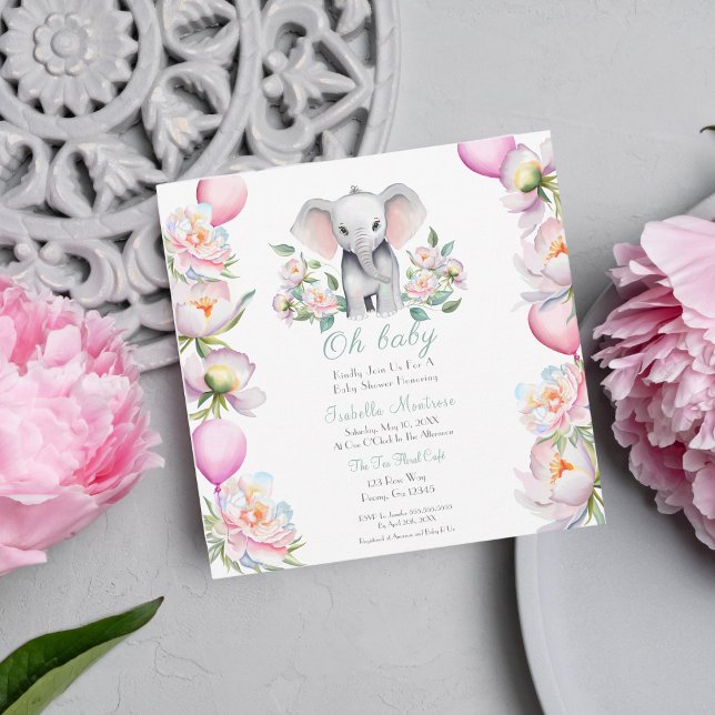 Convites Chuva de Bebê Elefante com Peônias e Balões (This invitation also comes in this design with full coordinating party decorations.)