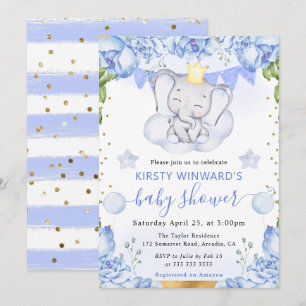 Convites Chuva de Bebê Elefante em Aquarela e Rosas Azuis
