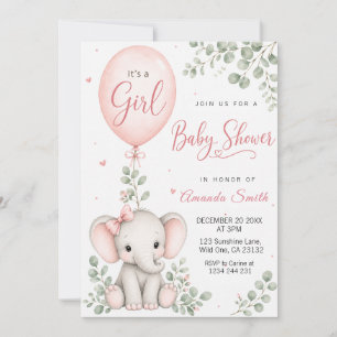 Convites Chuva de Bebê Elefante em Aquarela Rosa & Garotinh