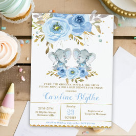 Convites Chuva de Bebê Elefante Floral Azul Bebê Meninos Gê