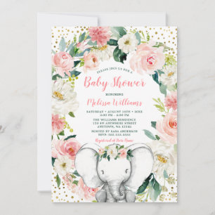 Convites Chuva de Bebê Elefante Floral em Ouro Rosa